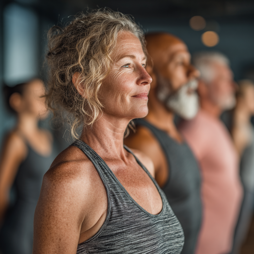 Група възрастни хора практикуват йога