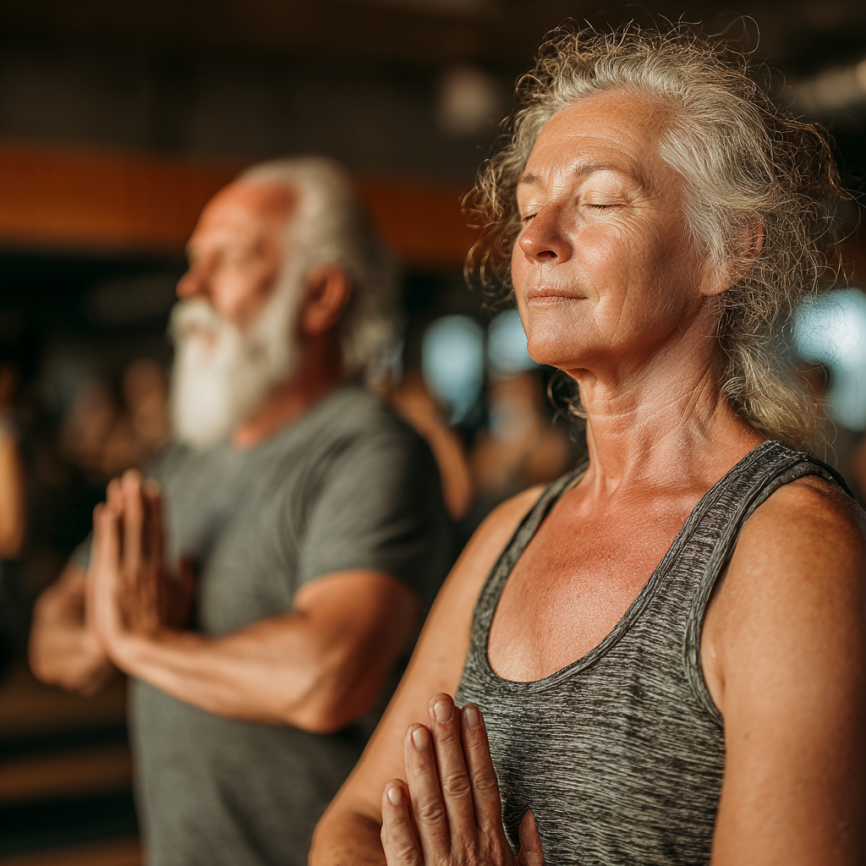 Инструктор помага на възрастна жена с йога поза